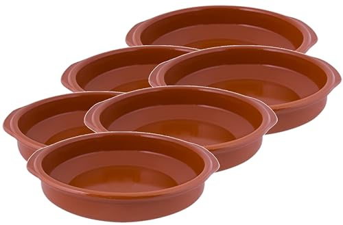 Lot de 6 assiettes en céramique 28 cm - Envoi 24h - Casseroles rustiques en terre cuite réfractaire, adaptées pour cuisinière à gaz et électrique, micro-ondes et four, couleur naturelle, bord 5 cm (6