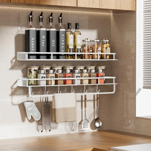 devesanter Gewürzregal Wand 2er Set 60 cm Ohne Bohren mit 6 Haken Gewürzregal Hängend Schranktür, zum Organizer für Gewürzdosen, Küchenschrank, Speisekammer Tür, Duschraum(Weiß)