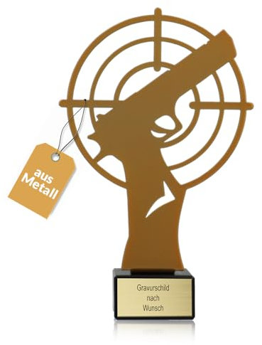 Pokal-Fabrik - Goldener Schützen Pokal 21 cm aus Metall mit Gravur - Geschenk-Trophäe mit Pistolen-Silhouette & Steinsockel - Personalisiertes Geschenk - Wanderpokal Schütze Zubehör