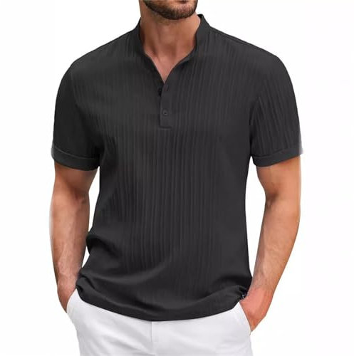 Collarless Shirts for Men Short Sleeve Loose Fit Casual Cotton Linen Henley Tshirts Breathable Button Up Beach Vacation Summer Business Tees Running Lightweight Sports Big and Tall Tops Black