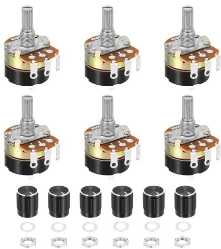 sourcing map WH138 Potentiometer, 500 K Ohm, Eingelenk, variable Widerstände, 3 Klemmen, linearer Kegel, drehbar mit Drehknopf für Audio-Lautstärkeregler, 6 Stück