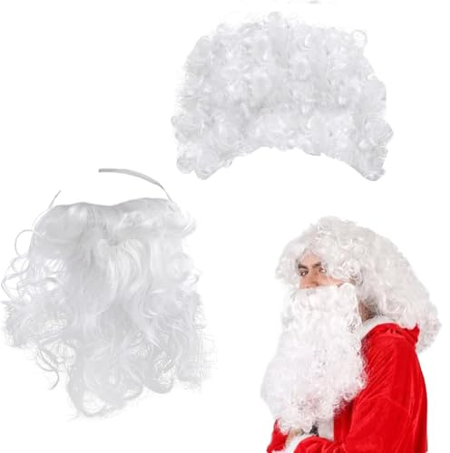 Santa Perücke Fake Bart Set für Männer Frauen Weiße Perücken Bart Weihnachten Kostümzubehör Perücke Schnurrbart zum Ankleben Verkleiden Sich für Maskerade Weihnachtsmann Cosplay