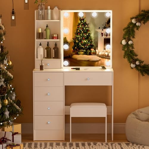 Puselo Schminktisch mit dimmbarer Beleuchtung, Kosmetiktisch mit Spiegel und Hocker – 6 Schubladen & 6 Ablagen, Moderner Make-up Tisch für Schlafzimmer 80x36x130 cm