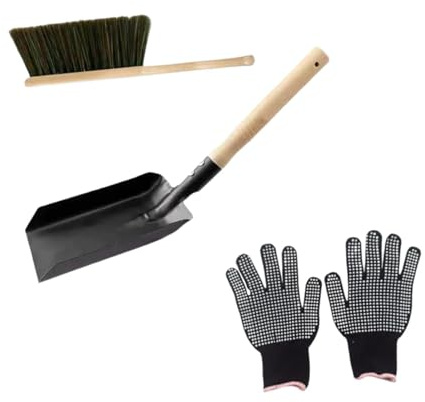 Ash Dustpan and Brush Set Fireplace Tools with Heat Resistant Gloves Metal Hearth Cleaning Kit