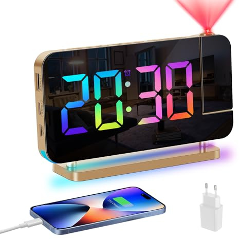 Venchin Wecker Digital: Projektionswecker 180°Projektor, Tageslichtwecker mit Netzteil USB-A & USB-C Ladeanschluss Snooze 12H/24H DST 7,4 LED Tischuhr Modern Digitaluhr Kinder