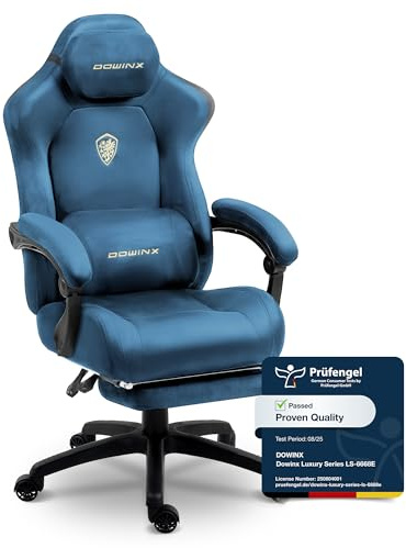Dowinx Gaming Chair Ergonomic with Adjustable Massage Lumbar Cushion, Soft Microfiber Velvet Office Chair, Thick Padded Seat, Retractable Footrest, Adjustable Armrests, 155° Reclining Backrest, Blue