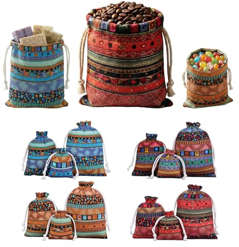 Jutesäckchen, 12 Stück Stoffbeutel Jutebeutel, Kordelzug | Geschenksäckchen, Bunte Säckchen für Ostern Geburtstag Hochzeit Party (13×18cm,10×14cm, 7×9cm)