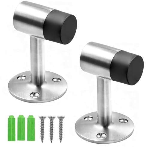 Stainless Steel Door Stopper for Indoor External, Premium Brushed Door Stop with Buffer Rubber for Floor Skirting & Wall, Home and Office (2, Sliver)