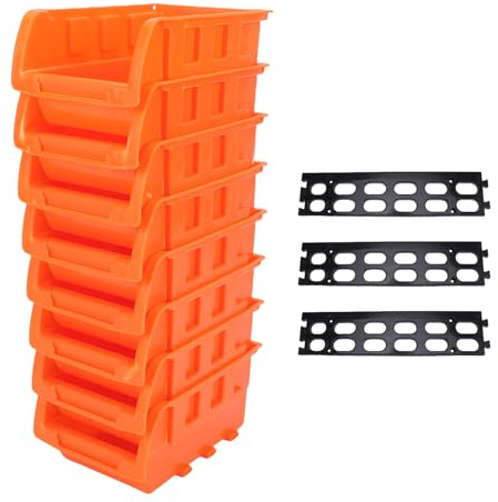 Zerodis Wall Mounted Storage Bins, 8 Stackable PP Plastic Bins with 3 Tracks for Garage Organization, Hardware Parts Storage, Hanging Tool, Orange
