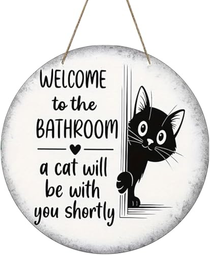 Bathroom Decor Sign - 20cm Wooden Funny Cat Plaque, Waterproof Hanging Wall Art for Bathroom Decorations