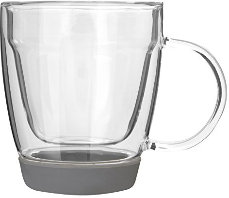 Premier Housewares Double Wall Mug, Glass, Grey Silicone Base, 9 x 12 x 10 cm