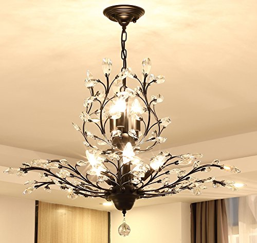 Ganeed Kristall Kronleuchter Vintage Pendelleuchte K9 Klar Kristall Kronleuchter Leuchten Deckenleuchte für Wohnzimmer Schlafzimmer Restaurant Veranda Flur Schwarz 8 Lichter
