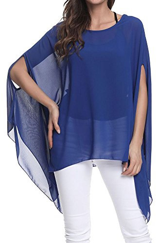 OUKIN Women's Loose Batwing Dolman Sleeve Sheer Chiffon Blouse Shirt Pullover Tunic Tops (Blue-A)