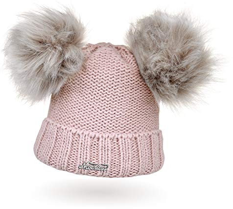 Neverless® gefütterte Damen Strickmütze mit Doppel-Fell-Bommel und Fleece Futter, Winter-Mütze, Bommelmütze rosa