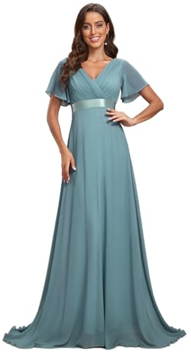 Ever-Pretty Abito Cerimonia Donna a V Linea ad A Elegante Abito da Sera Classico con Maniche a Volant Blu Polveroso 46