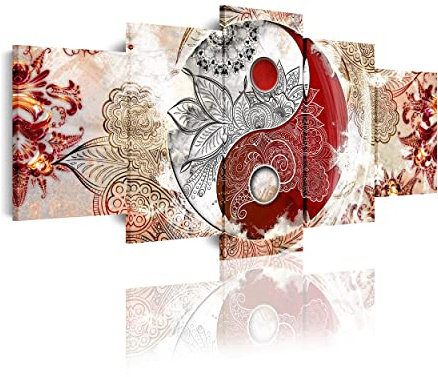 DekoArte 518 - Modernes Bild, digitalisierter Kunstdruck 5 Teile 200x100 cm | Dekoratives Bild für den Salon oder das Schlafzimer | Yin Yang Stil Abstrakt Zen Farben Beige Rot