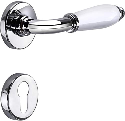 JUVA Drückergarnitur Chrom - Porzellan weiß Türbeschlag Chrom Türgriff Zimmertür | Türdrücker Antik Vintage Innentüren | Türklinke PZ - Profilzylinder | MARINA 108 | 1 Design Türgarnitur mit Schrauben
