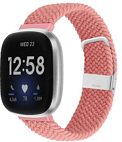 YOOSIDE Geflochten Loop Armband für Fitbit Versa 3/Sense, Weiches elastisches Nylon-Armband mit verstellbarem Verschluss aus Edelstahl Kompatibel mit Fitbit Sense/Versa 3 (Rosa)