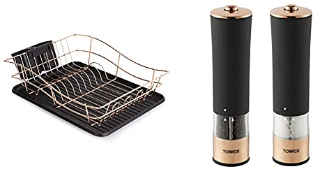 Tower T81400RB Dish Rack with Tray and 2 Removable Cutlery Holders, Stainless Steel, Black and Rose Gold, Large & T847003RB Electric Salt and Pepper Mill, Stainless Steel, Rose Gold and Black