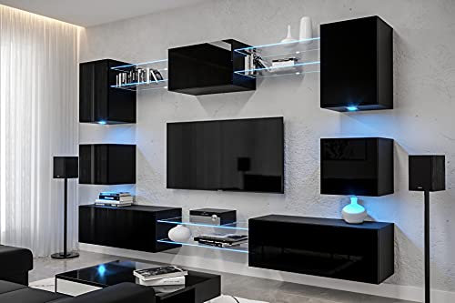 Furnitech Wohnwand Wohnzimmer | Wohnzimmer Möbel mit LED Weiß | Hängend Wohnwand Modern | Wohnzimmer Schrankwand mit Regale und TV Schrank (Nowara AN1-17B-HG20-1A-NEW)