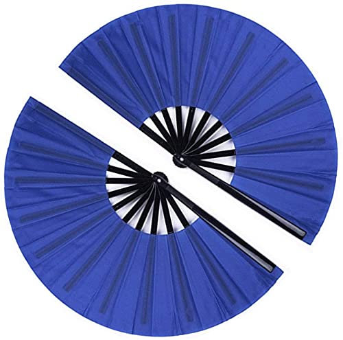 1SourceTek 2 Pcs Large Folding Fan Nylon Cloth Handheld Folding Fan Chinese Kung Fu Tai Chi Fan Decoration Fold Hand Fan for Party Favors (Blue)