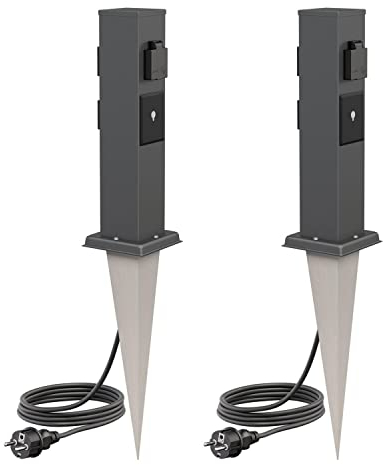ledscom.de 2 Stück Garten-Steckdosen-Säule Polly mit Erdspieß und 2m Kabel für außen, IP44, 3-Fach, Smart Home, anthrazit, eckig, 38cm