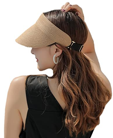 Cappello da Sole con Visiera da Donna Cappelli di Paglia da Spiaggia a Tesa Larga Cappello con Visiera Parasole con Protezione UV Arrotolabile UPF50 + Cappello a Coda di Cavallo per Le Donne caffè