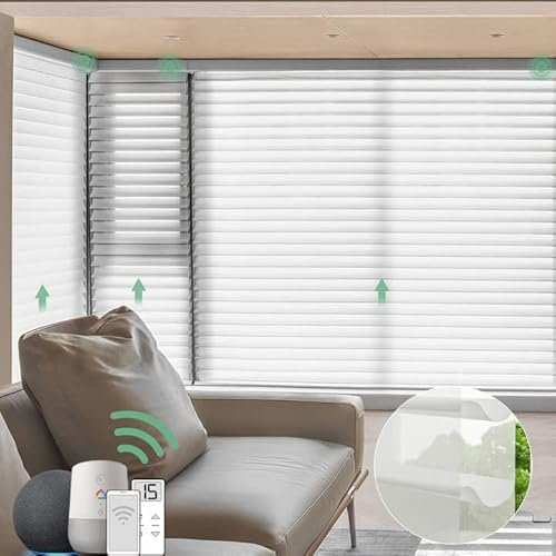 Yoolax Elektrisches Rolladen, Smart Shangri-la Rollo mit Motor und Fernbedienung, Alexa & Google Home Kompatibel, Sprachsteuerung, Licht-Filterung, Grob 60% Verdunkelung, Weiß