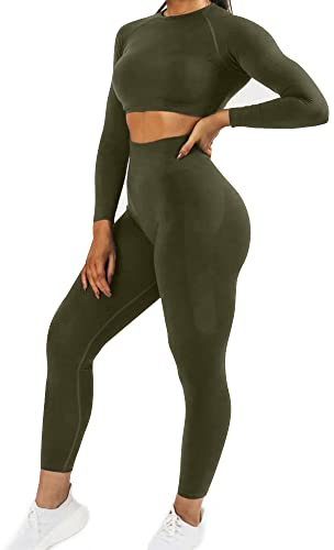 JN JANPRINT Damen Traingsanzug Sport Sets Sportanzüge Jogginganzug Langarm Sport Top und hohe Taille Hosen 2 Stücke Bekleidungssets Yoga Outfit Sportswear Gym Leggings Set(Immergrün,M)