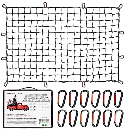 Heavy Duty Cargo Net for Pickup Truck Bed - Stretches from 5' x 7' to 15' x 21' - 12 Metal Carabiners - Compatible with Ford, Dodge RAM, Chevy, Toyota - Ideal for (Black, 5X7 Feet)