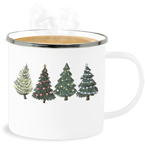 Emaille Becher Blechbecher - Weihnachtstasse Tasse Weihnachten - Weihnachtsbäume - 300 ml - Weiß Silber - weihnachtstassen christmas tannenbaum blechtasse weihnachtsmotiv weihnachtlich weihnachts