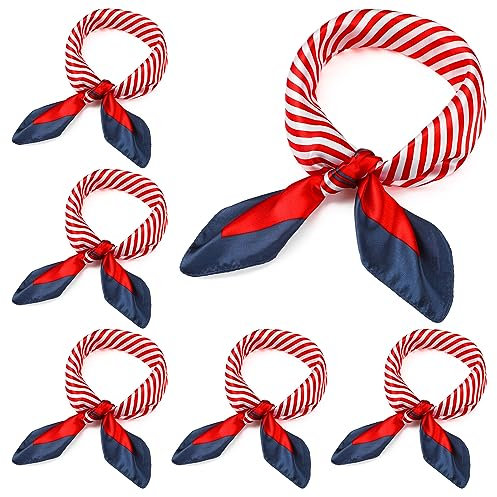 HICARER 6 Nautische Quadratische Halstücher Rot Weiß Blau Schal Maritim Halstuch Damen Imitiert Seidenschal (Heller Stil)