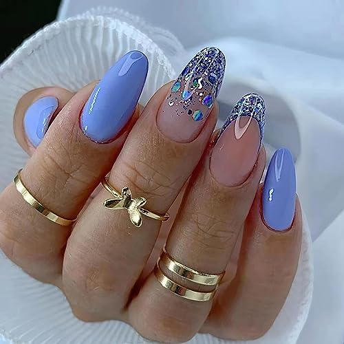 24 Stück Mandel Nägel Zum Aufkleben Mittel, Blaue French Press on Nails Künstliche Nägel mit Design, Oval Glitzer Acryl Fingernägel Fake Nails, Sommer Falsche Nägel für Frauen Mädchen