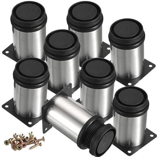 4 Inch / 10cm Metal Furniture Legs, 8Pcs Round Adjustable Stainless Steel Furniture Feet DIY Replacement Support Leg for Table Cabinet Kitchen TV Stand Desk