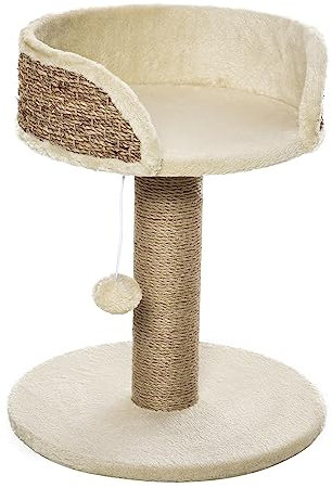 PawHut Arbre à Chat Arbre à Grimper grattoir Design Jeu Pompon Suspendu + Plateforme Peluche - 40 x 40 x 49 cm - Jute café