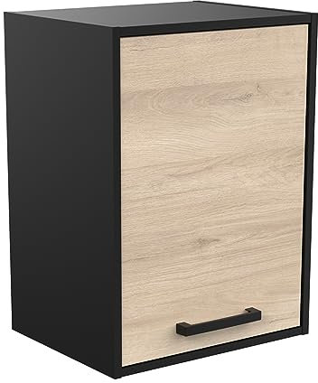 Meuble Haut de Cuisine Industriel 1 Porte - Cuisine Complete ‟CHILI” – Coloris Noir Mat & Chêne - 44,3 x 35 x 60 cm