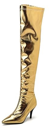 WOkismD Stivali da Donna sopra Il Ginocchio con Tacco a Gattino Pelle Verniciata PU Punta a Punta Stiletto Tacchi Alti Cerniera Laterale Stivali Alti alla Coscia Autunno Inverno Scarpe,d'oro,45
