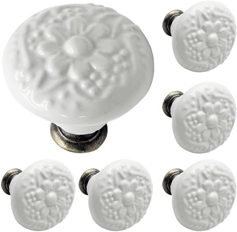 Biaungdo 6 Stück weiße Keramik-Küchenschrankknäufe und -griffe, Retro-Vintage-Stil, runde Schubladenknöpfe, dekorative Schranktürgriffe