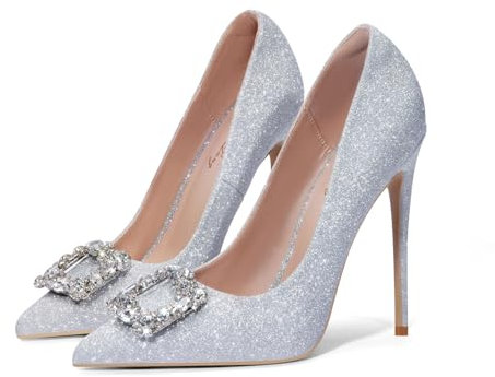 Zhabtuc Tacones Altos para Mujer, Tacón de Aguja con Diamantes de Imitación, Satén Brillante, 12 cm, Punta Cerrada, Elegantes y Versátiles, Brillo Plateado, 37 EU