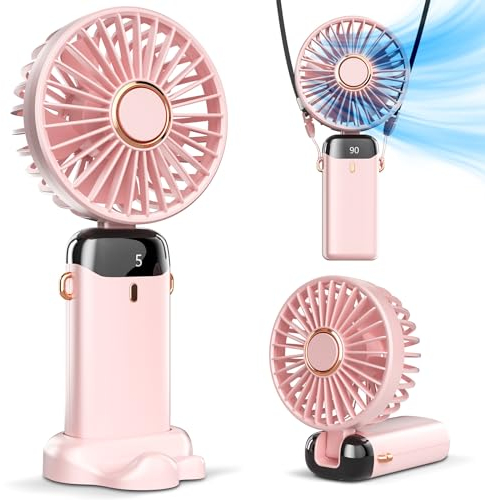 Koonie Ventilador de mano portátil, funciona con pilas, con base, 8 horas, pantalla digital, 5 velocidades, ajustable a 90°, mini ventilador recargable para interiores y exteriores, color rosa