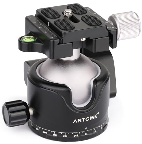 Testa a sfera a basso profilo ARTCISE, testa per treppiede in metallo panoramica a 360° da 46 mm con piastra a sgancio rapido Arca 1/4 per treppiede DSLR, carico massimo: 20 kg