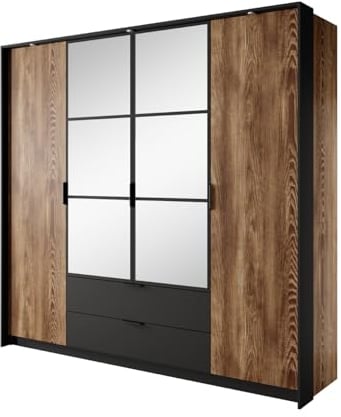 Design Möbel Milton Kleiderschrank Schlafzimmer Kleiderschrank mit Spiegel Wohnzimmer Schrank Kleiderschrank optionale LED-Beleuchtung im Kleiderschrank 223,2 cm x 210 cm x 59 cm