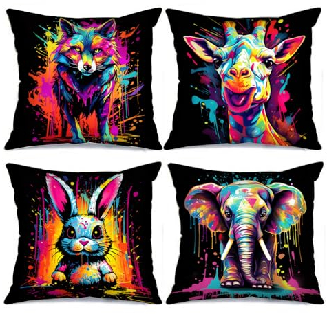 Tucocoo Graffiti-Tier-Kissenbezüge, dekorativ, 45 x 45 cm, 4 Stück, Wolf-Giraffen-Porträt, Moderne quadratische Kissenbezüge, niedlicher Kaninchen, Elefant, Überwurfkissen für Bett, Auto