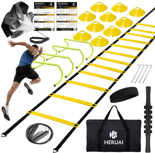 Juego de equipo de entrenamiento de velocidad de escalera de agilidad, escalera de velocidad de 20 pies, 4 obstáculos, 10 conos de velocidad, paracaídas para correr, equipo de entrenamiento de fútbol