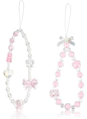 Reownest 2 PCS Mobile Phone Charm Beaded Bracelet Strap- Cute Crystal Pearl Flower Aesthetic Keychain Phone Wrist Strap for Girls Women Cellphone Accessory, Bag & Key Accessories(Pink)