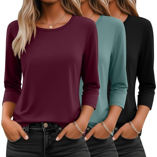 Ficerd 3 T-Shirts Femme Manches 3/4 Col Rond | T-shirts Basiques Amples, Hauts Col Rond Doux, Vêtements Respirants, Tops Longs, Tenue De Bureau, Mode Automne