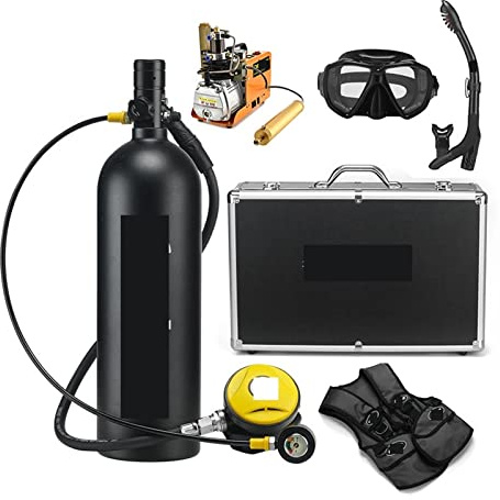 DIGNIFE Diving tank, 2L Diving Respirator Diving Equipment Aluminum Bottle Gas Cylinder Adult Swimming Snorkeling Snorkel Residual Pressure Gauge(Nero,E)