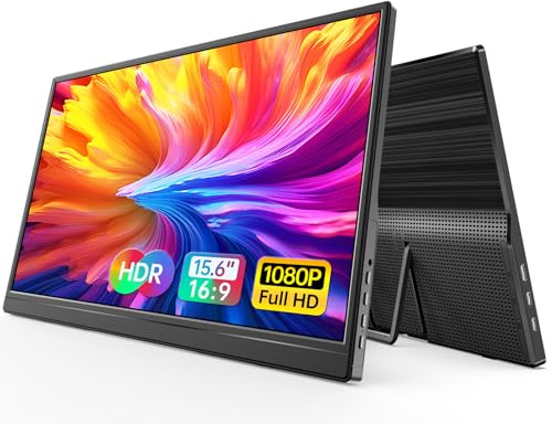 WGK 15.6 inch Portable Monitor 1080P FHD Travel Display HDMI/USB-C Compatible with Laptops, Desktops, Phones, PS, Mac, Xbox, Switch, and Other Gaming Devices Includes Stand and Speakers VESA