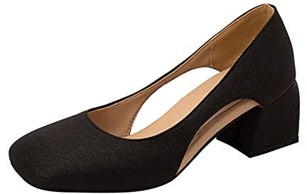 Scarpe Decolte Donna Tacco Medio Scarpe col Tacco Casual Spesse a Quadrata in Pelle Tinta Unita Moda Donna (Black, 42)
