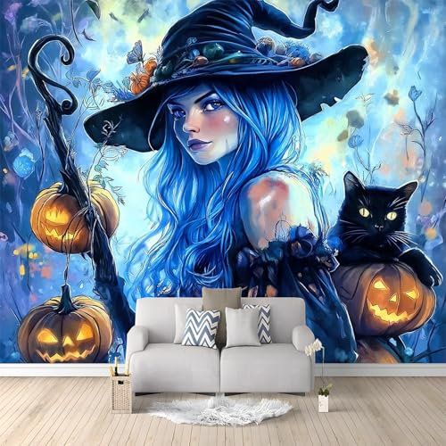 Papier Peint Photo Halloween Sorcière Chat 200x140 cm Papier Peint Panoramique Papier Peint intissé Murale Pour Chambre De Fille, Garçon, Chambre De Bébé Salon Chambre Décor